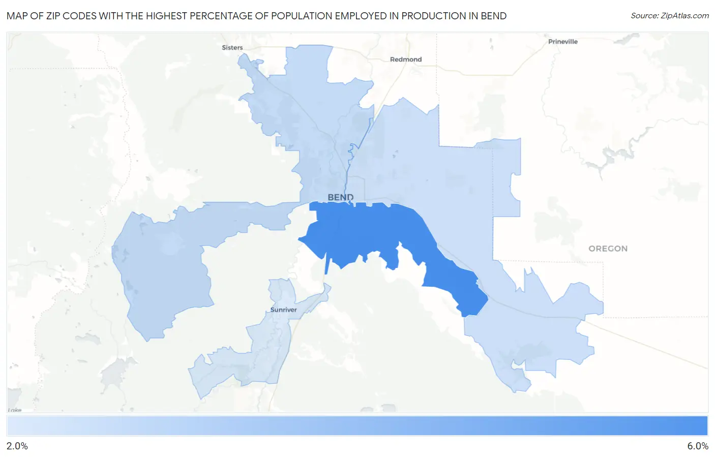 Zip Codes with the Highest Percentage of Population Employed in Production in Bend Map