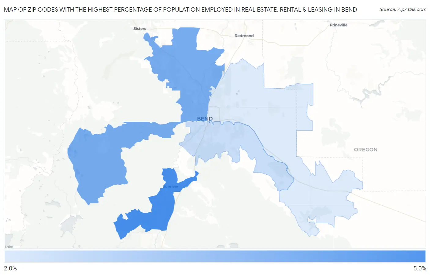 Zip Codes with the Highest Percentage of Population Employed in Real Estate, Rental & Leasing in Bend Map