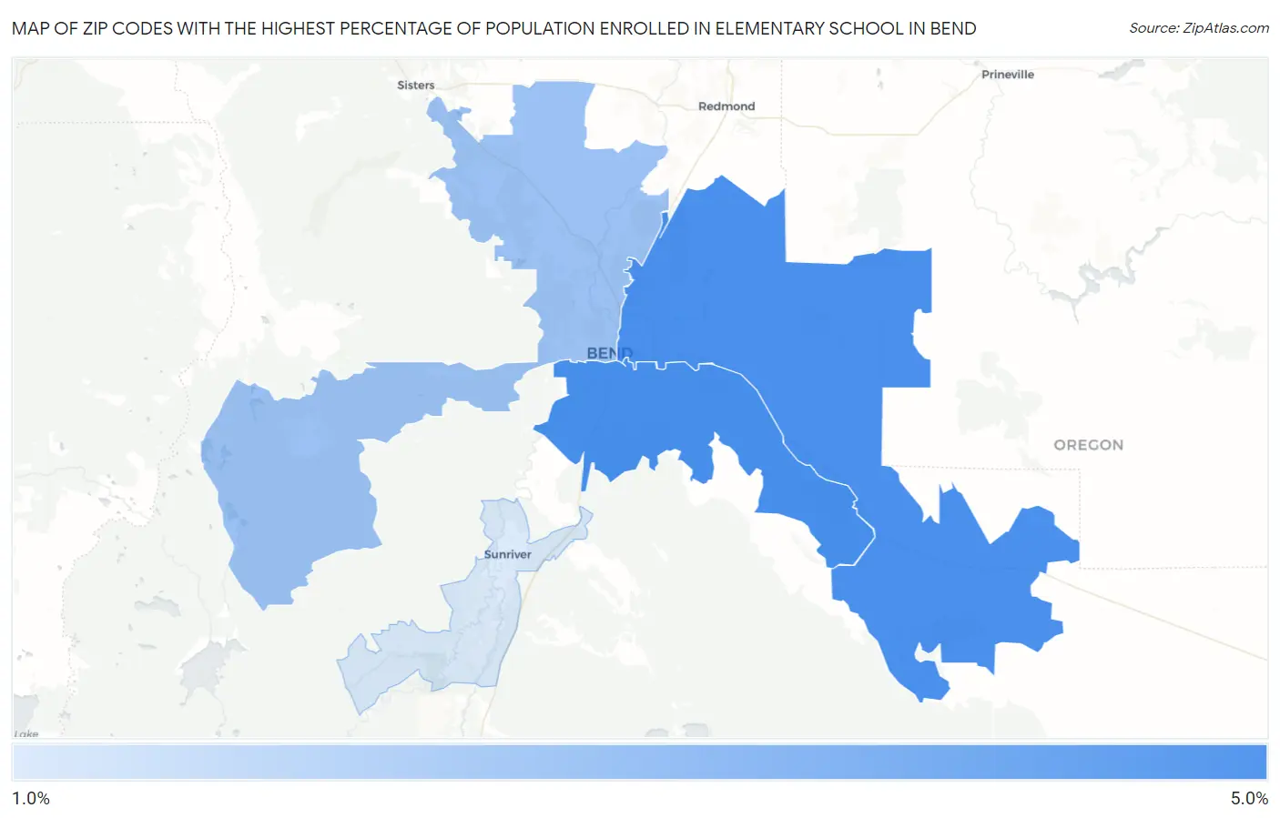 Zip Codes with the Highest Percentage of Population Enrolled in Elementary School in Bend Map