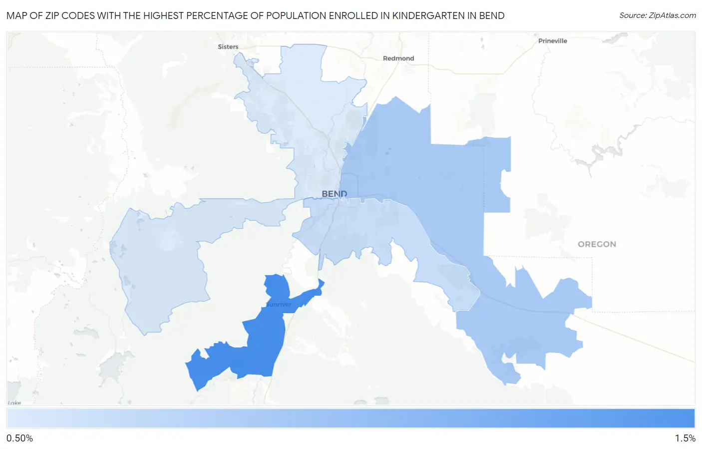 Zip Codes with the Highest Percentage of Population Enrolled in Kindergarten in Bend Map