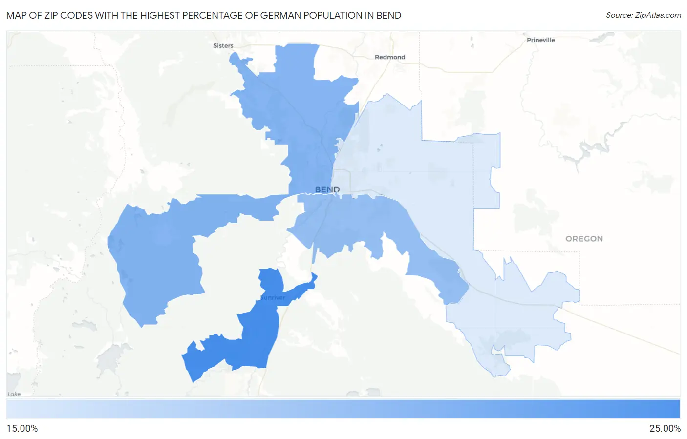 Zip Codes with the Highest Percentage of German Population in Bend Map