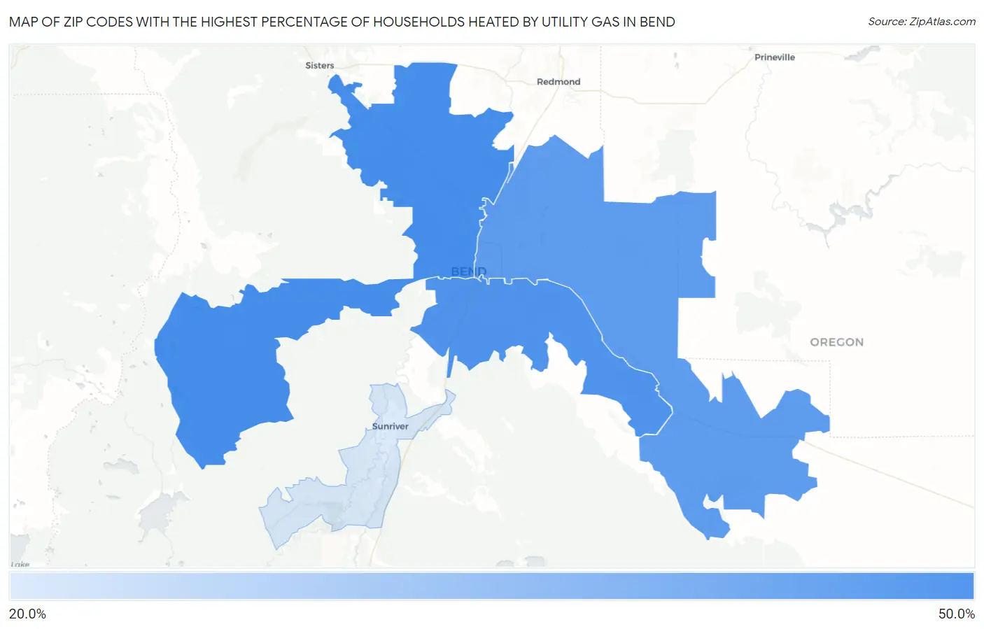 Zip Codes with the Highest Percentage of Households Heated by Utility Gas in Bend Map
