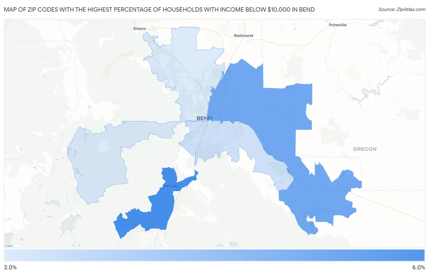 Zip Codes with the Highest Percentage of Households with Income Below $10,000 in Bend Map