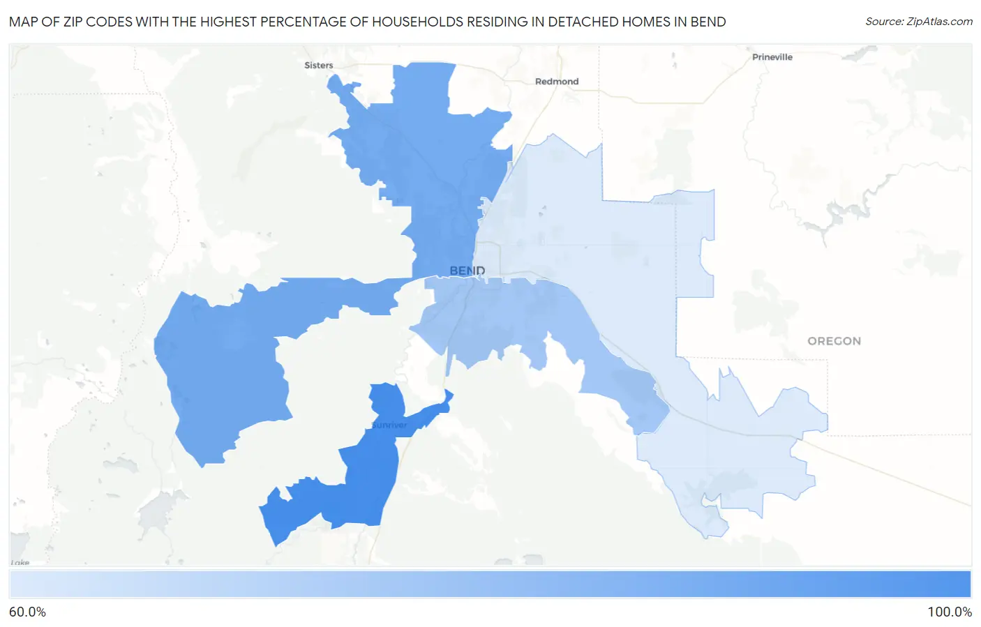 Zip Codes with the Highest Percentage of Households Residing in Detached Homes in Bend Map