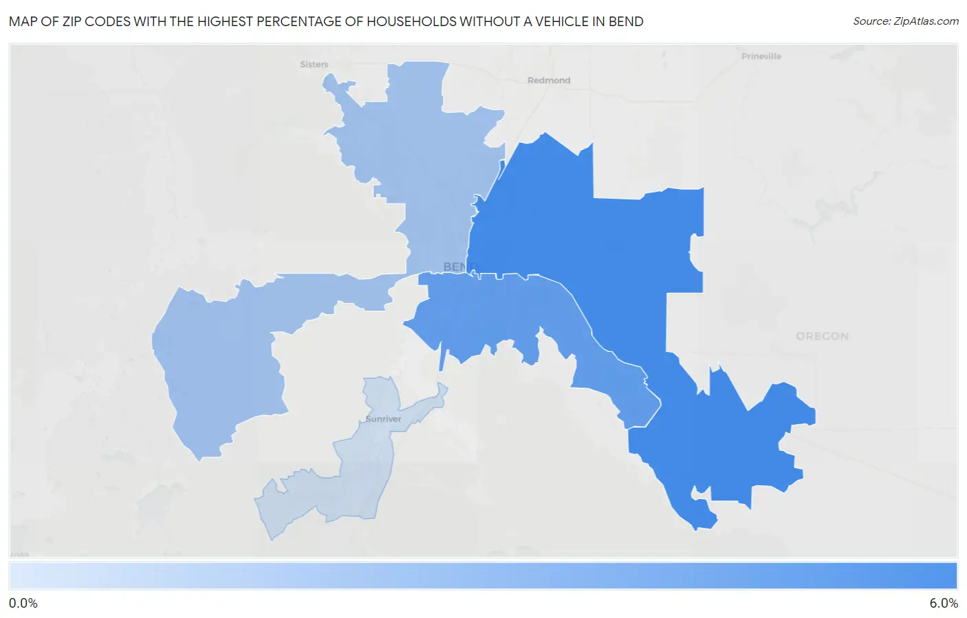 Zip Codes with the Highest Percentage of Households Without a Vehicle in Bend Map