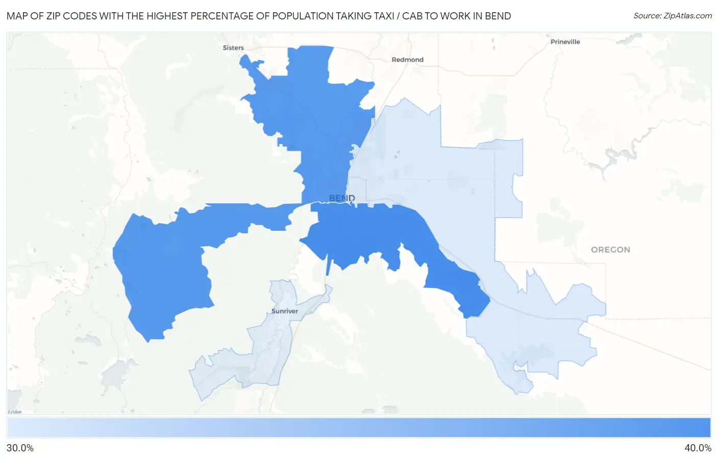 Zip Codes with the Highest Percentage of Population Taking Taxi / Cab to Work in Bend Map