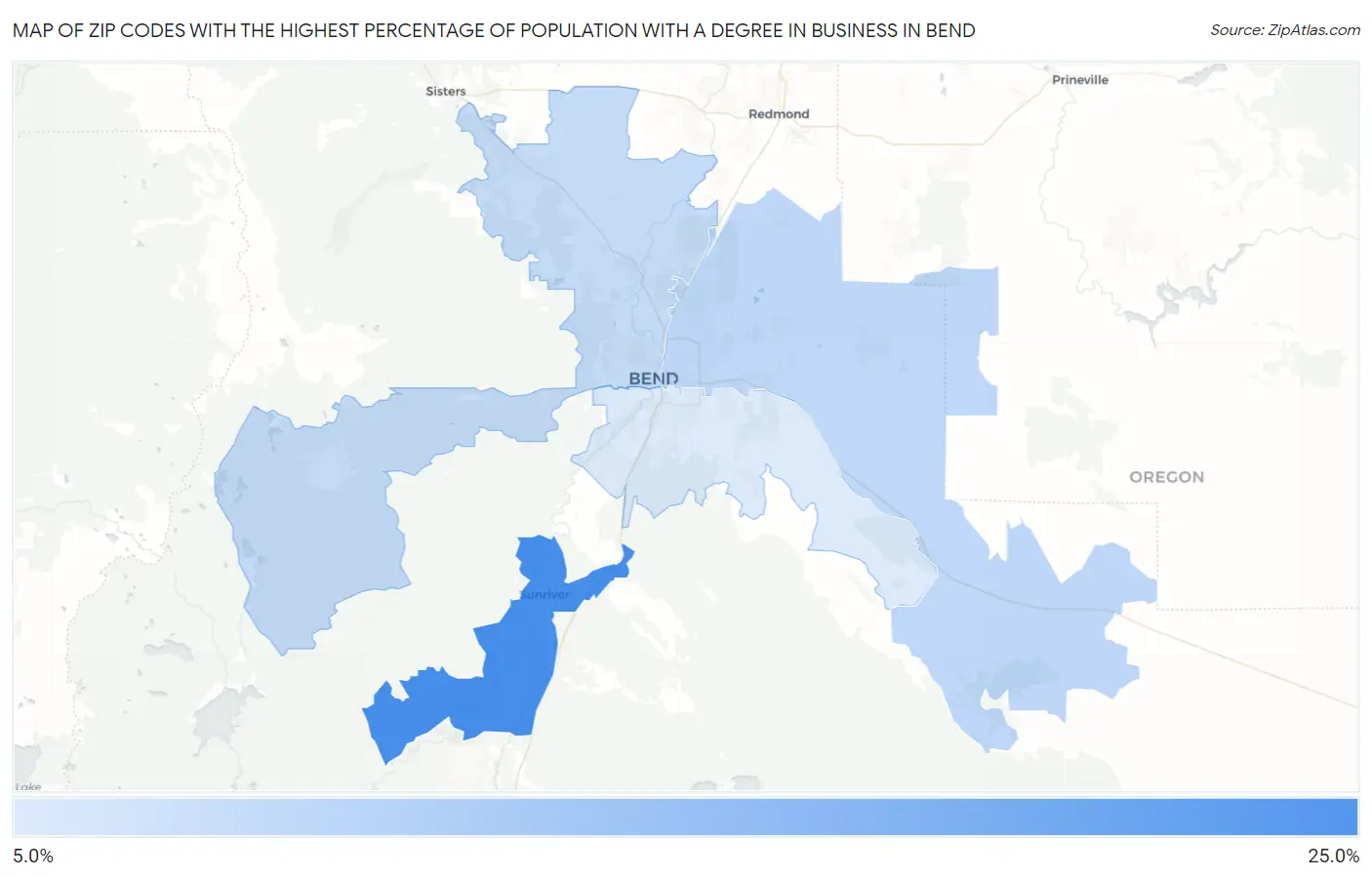 Zip Codes with the Highest Percentage of Population with a Degree in Business in Bend Map
