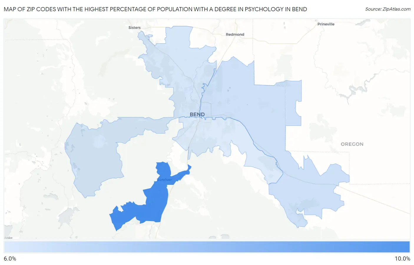 Zip Codes with the Highest Percentage of Population with a Degree in Psychology in Bend Map