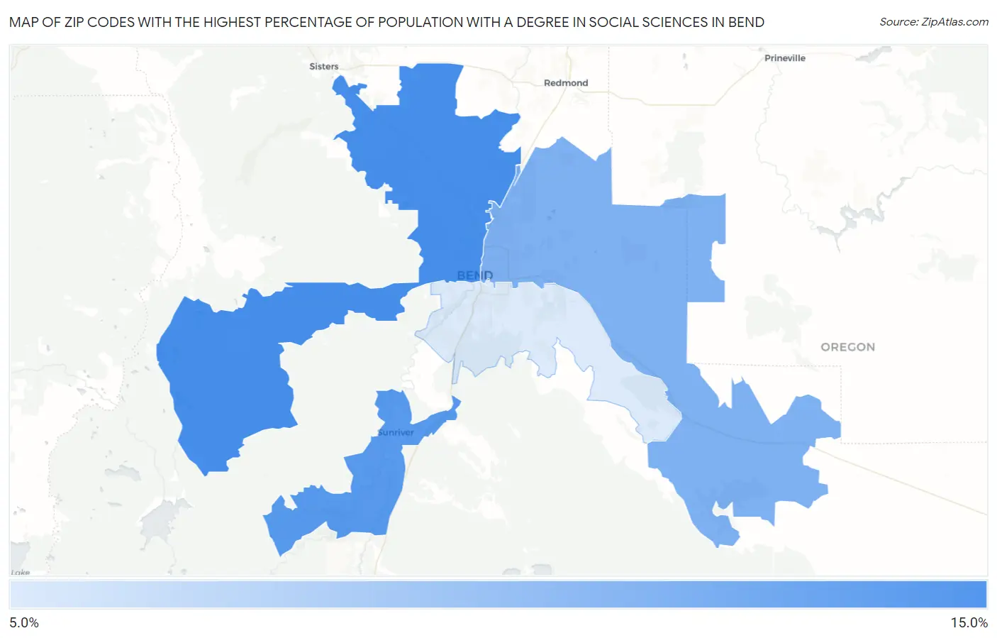Zip Codes with the Highest Percentage of Population with a Degree in Social Sciences in Bend Map