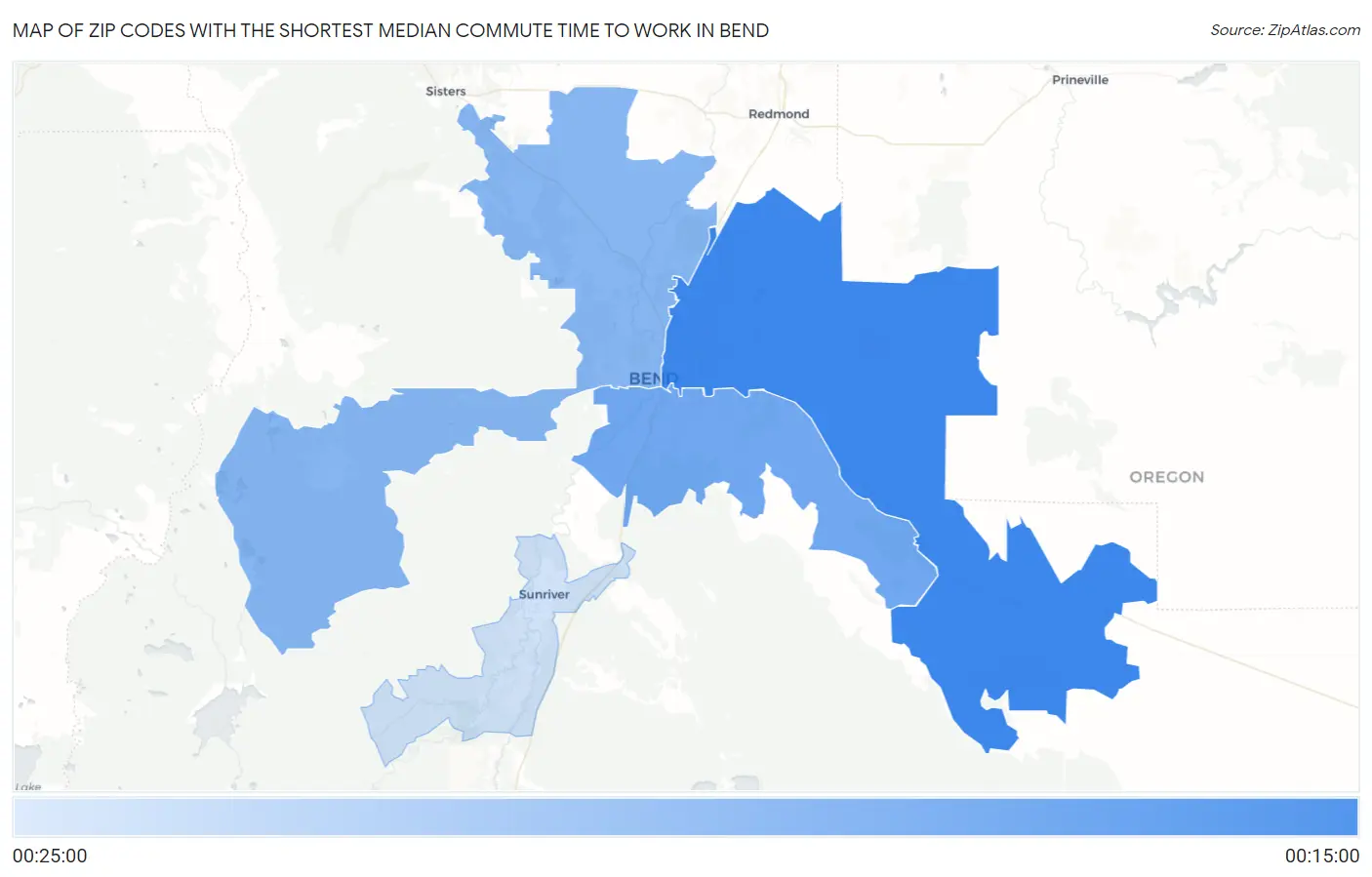 Zip Codes with the Shortest Median Commute Time to Work in Bend Map