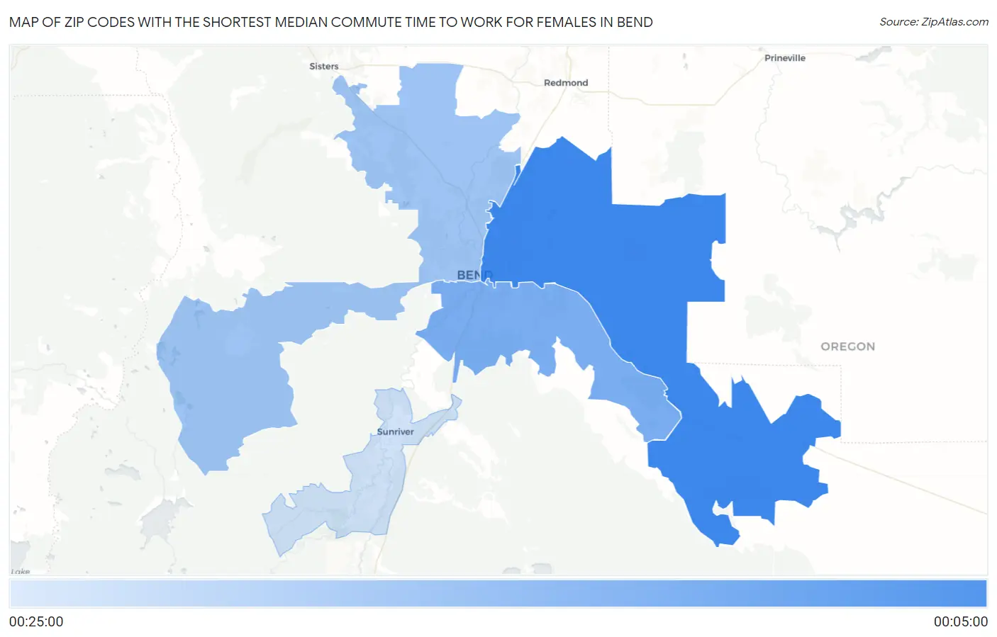 Zip Codes with the Shortest Median Commute Time to Work for Females in Bend Map