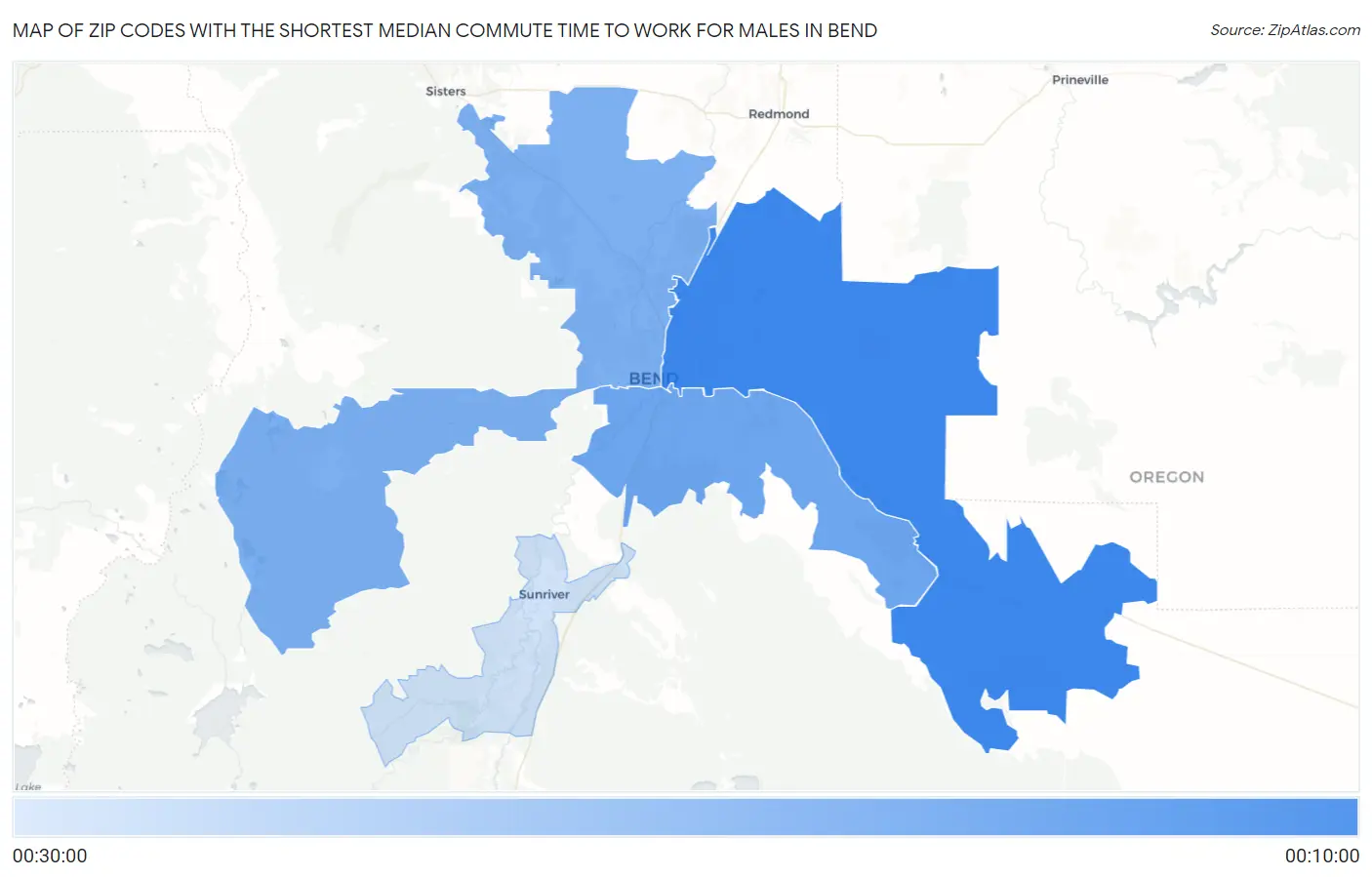 Zip Codes with the Shortest Median Commute Time to Work for Males in Bend Map