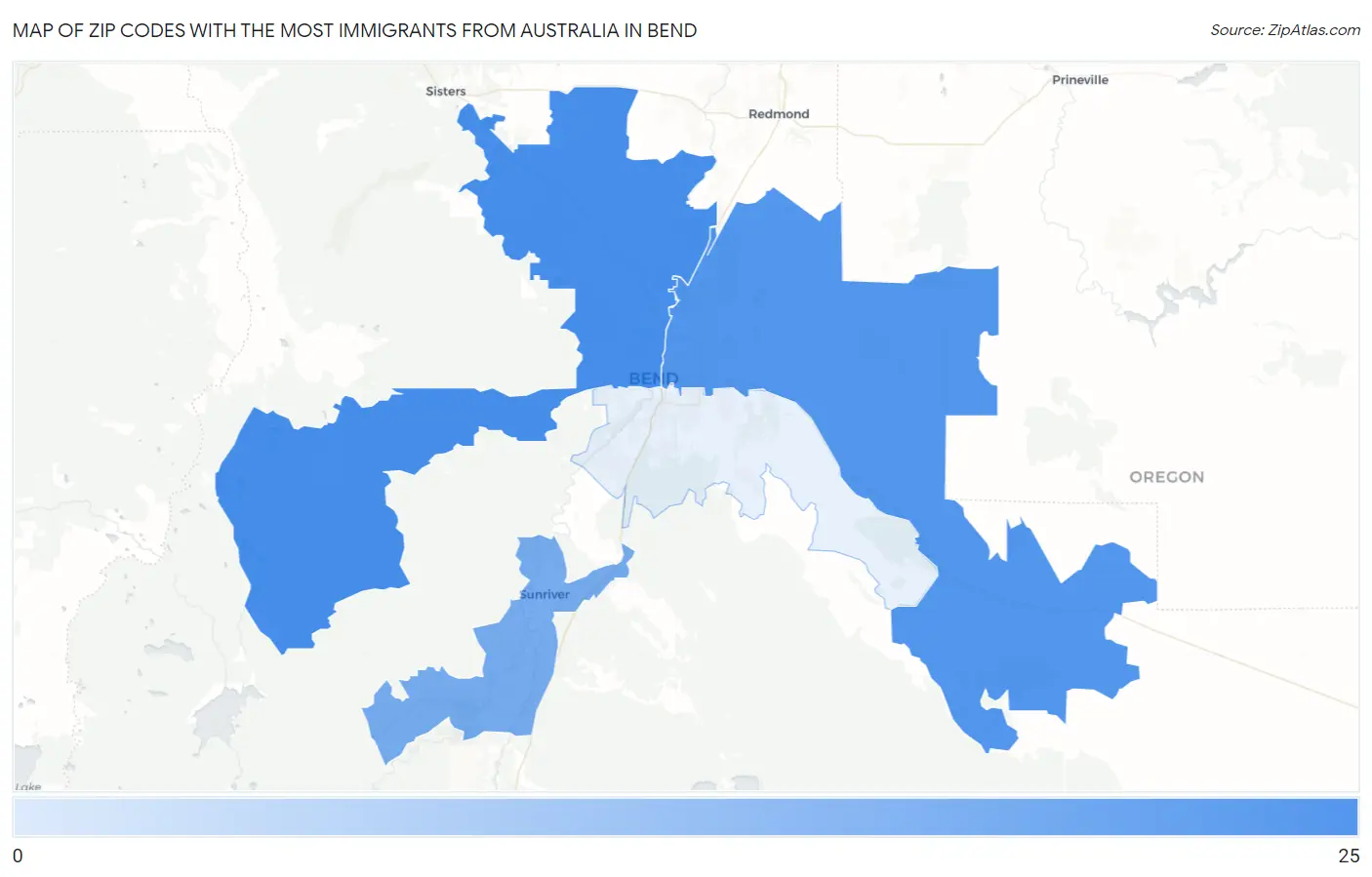 Zip Codes with the Most Immigrants from Australia in Bend Map