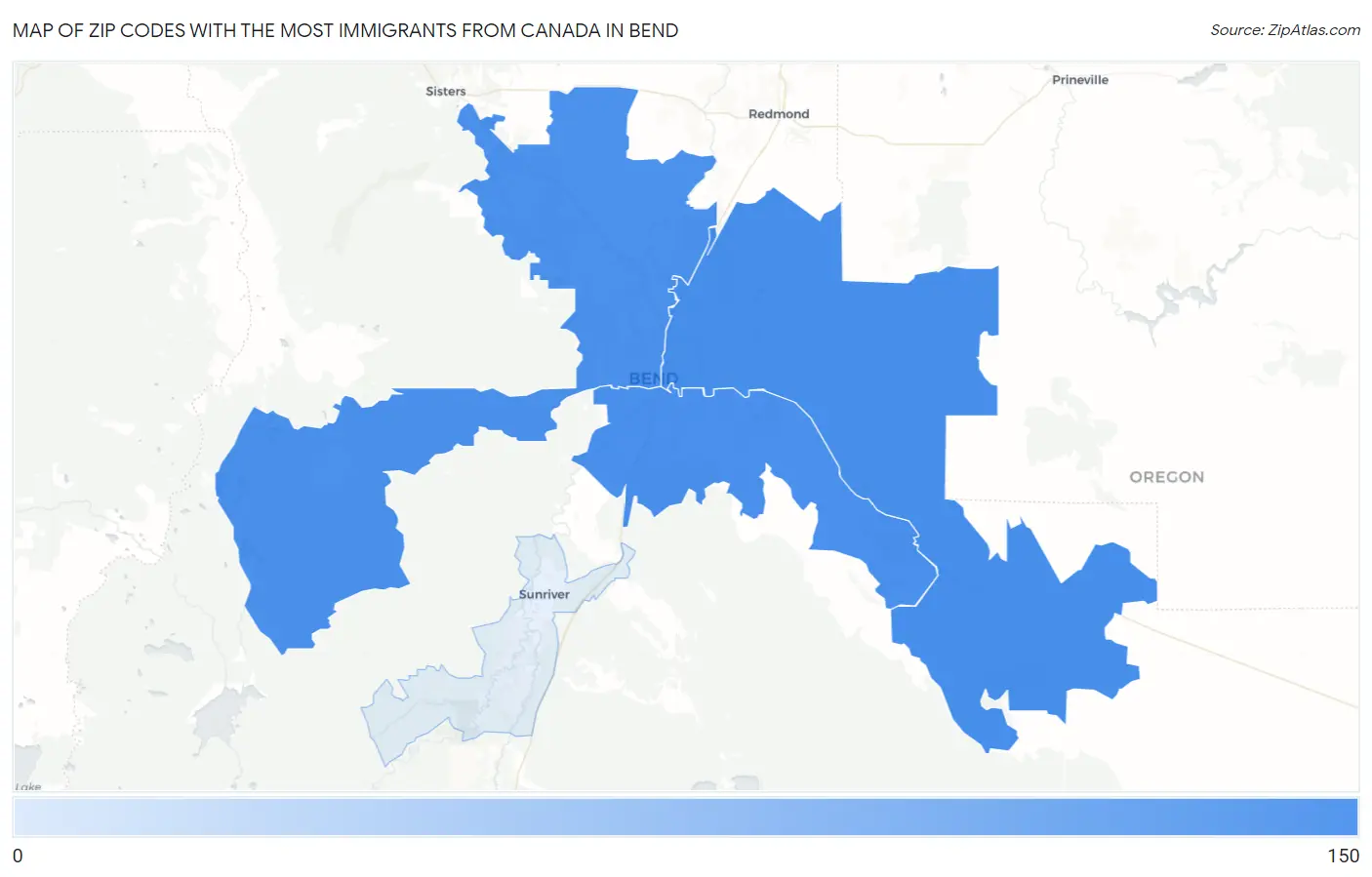 Zip Codes with the Most Immigrants from Canada in Bend Map