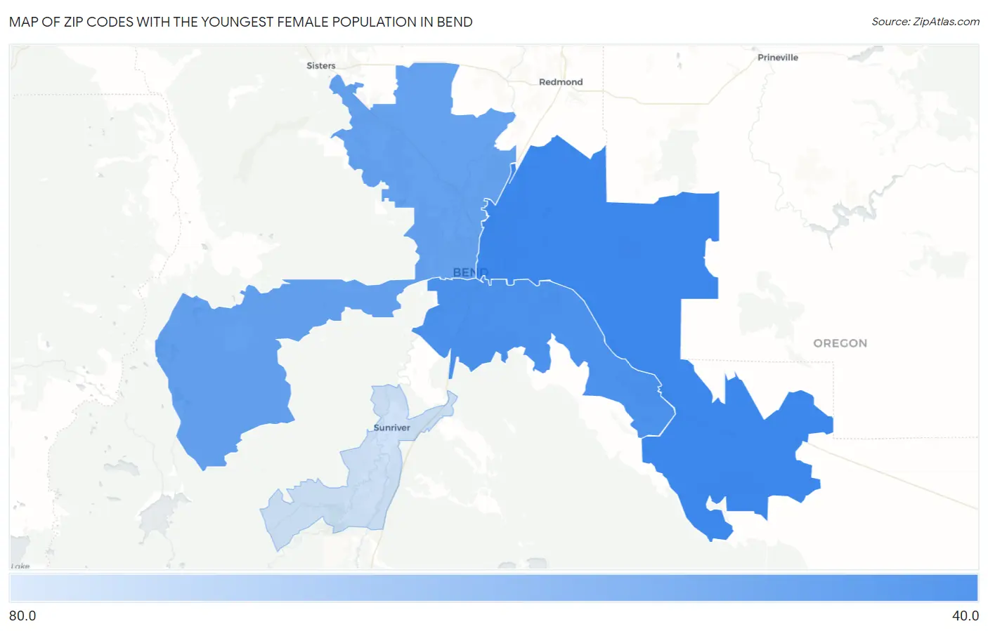 Zip Codes with the Youngest Female Population in Bend Map