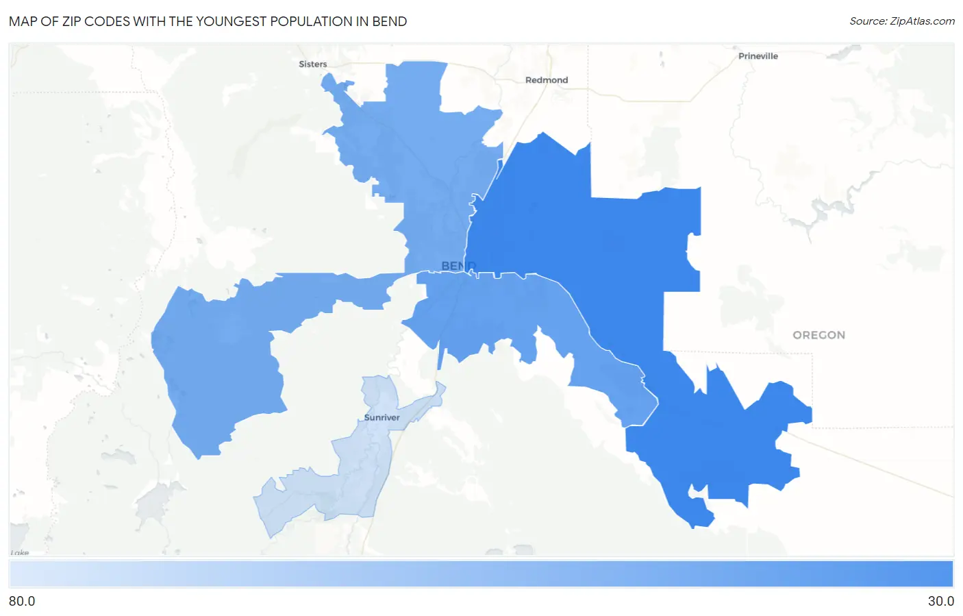 Zip Codes with the Youngest Population in Bend Map