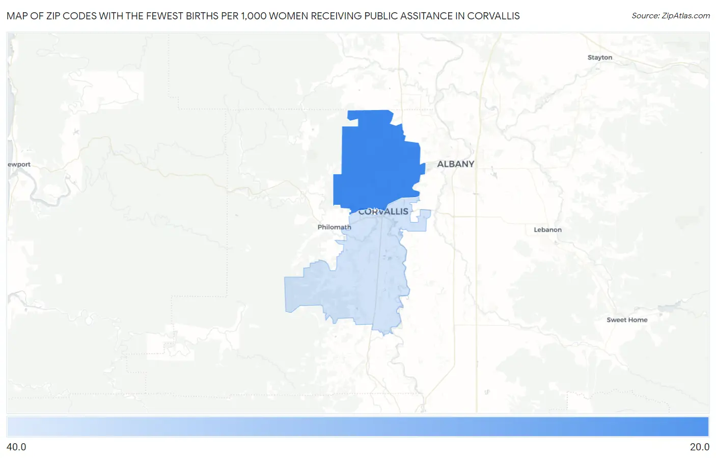 Zip Codes with the Fewest Births per 1,000 Women Receiving Public Assitance in Corvallis Map