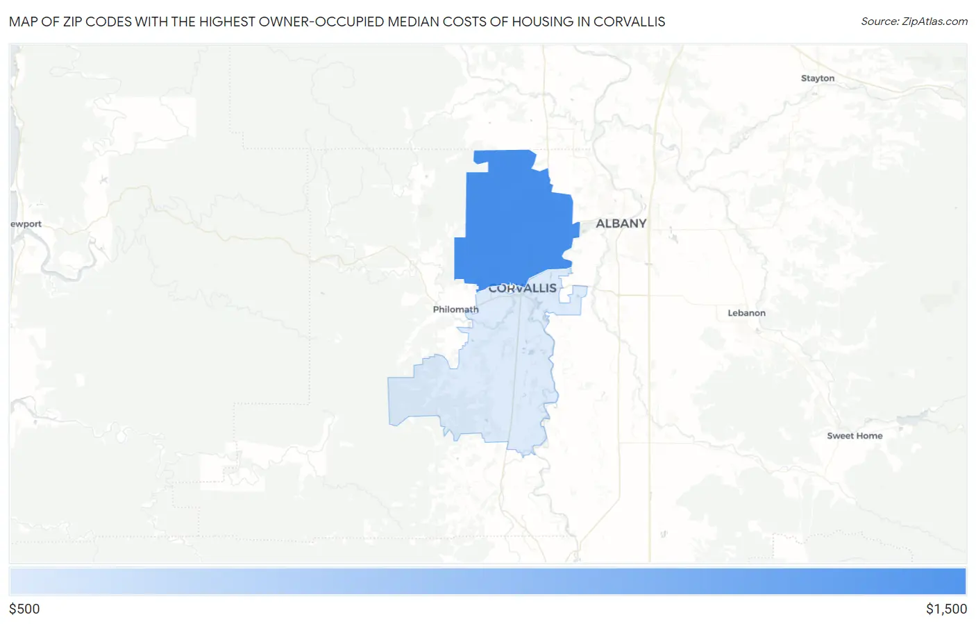 Zip Codes with the Highest Owner-Occupied Median Costs of Housing in Corvallis Map
