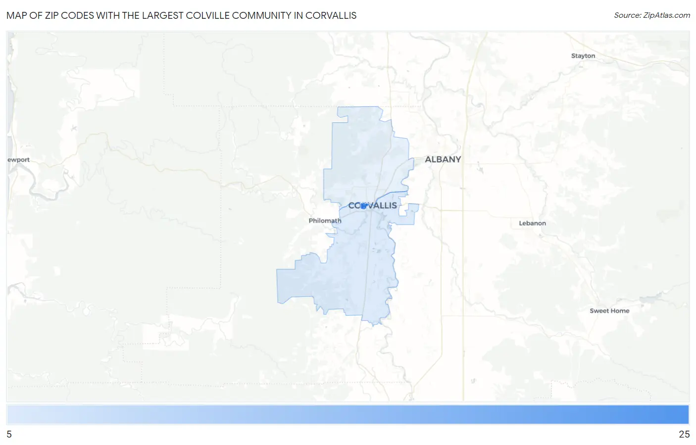 Zip Codes with the Largest Colville Community in Corvallis Map