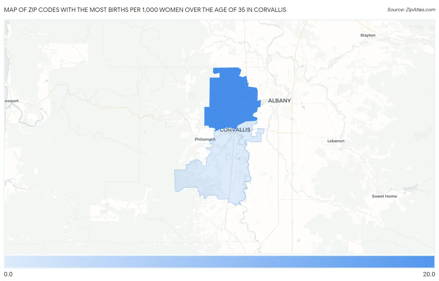 Zip Codes with the Most Births per 1,000 Women Over the Age of 35 in Corvallis Map