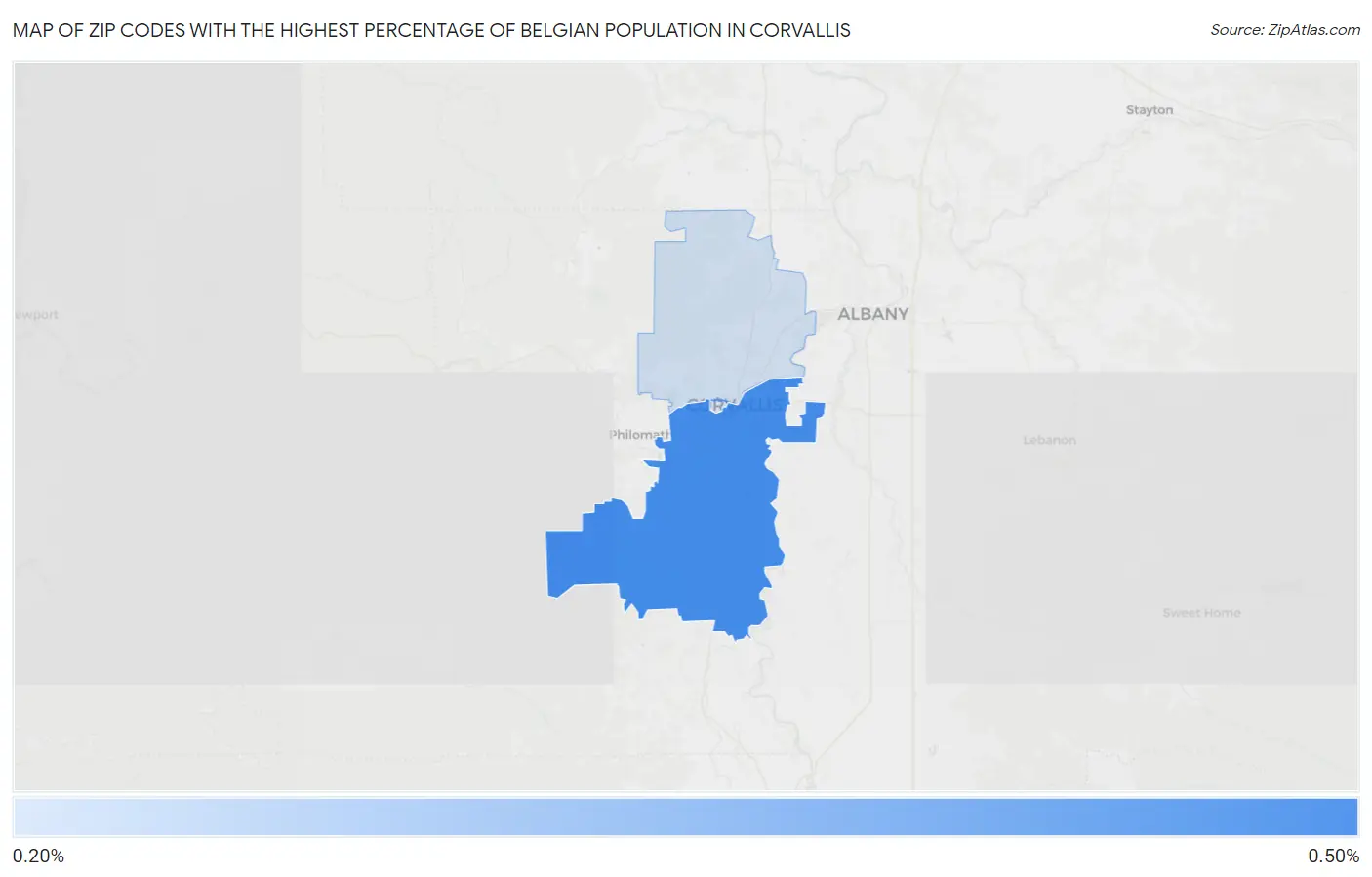 Zip Codes with the Highest Percentage of Belgian Population in Corvallis Map