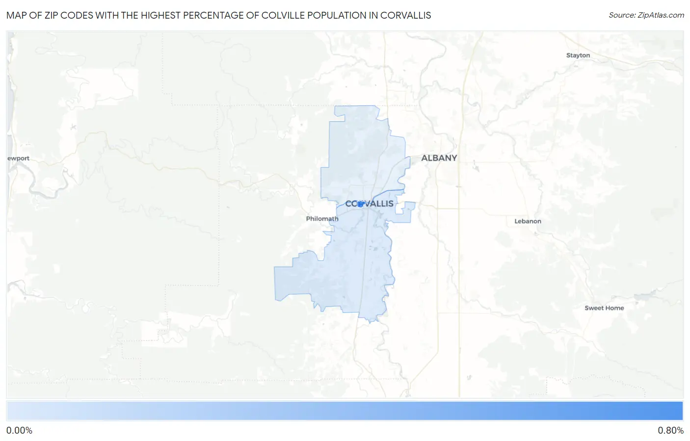 Zip Codes with the Highest Percentage of Colville Population in Corvallis Map