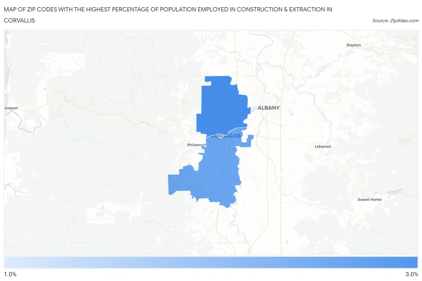 Zip Codes with the Highest Percentage of Population Employed in Construction & Extraction in Corvallis Map