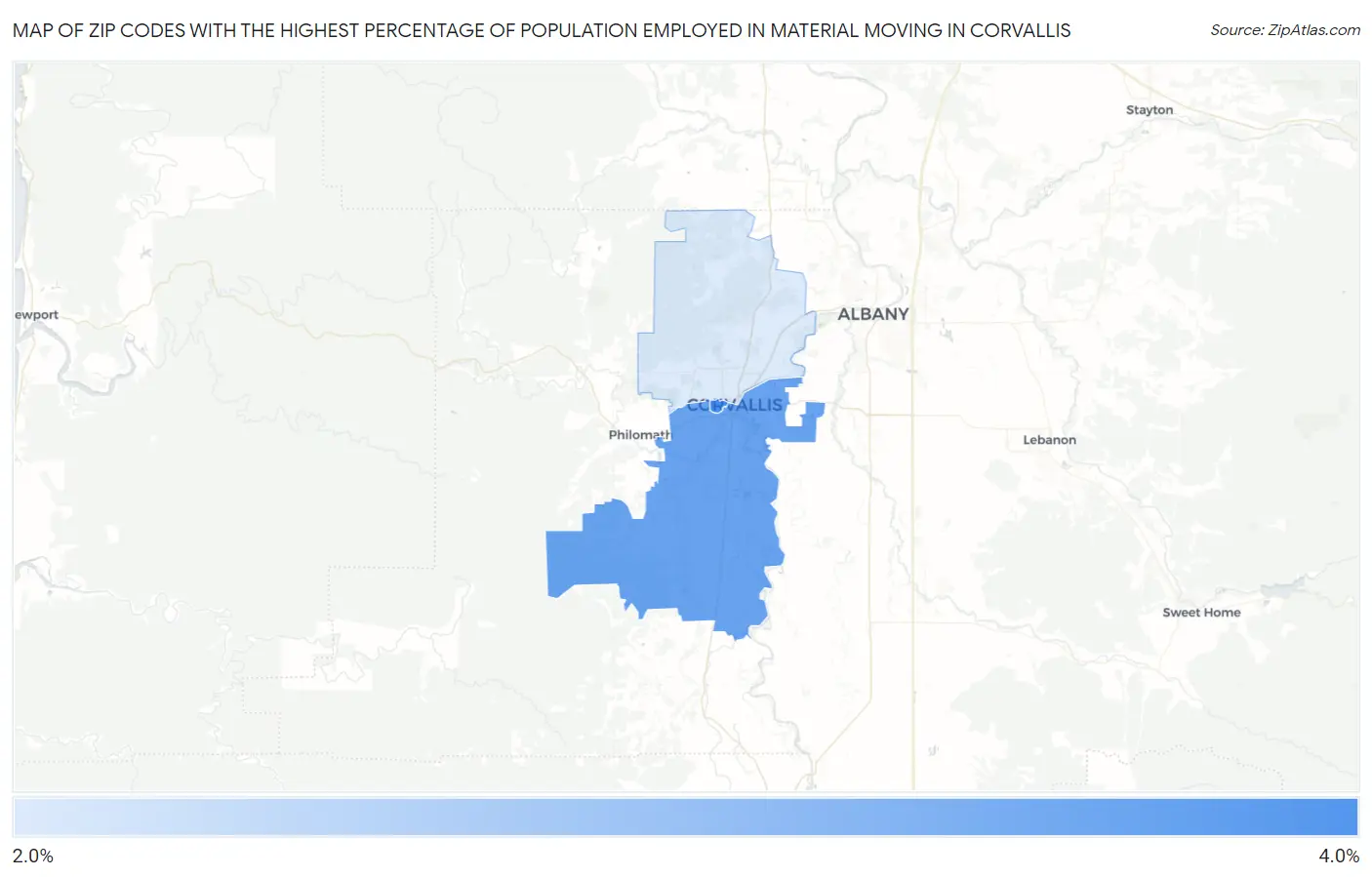 Zip Codes with the Highest Percentage of Population Employed in Material Moving in Corvallis Map