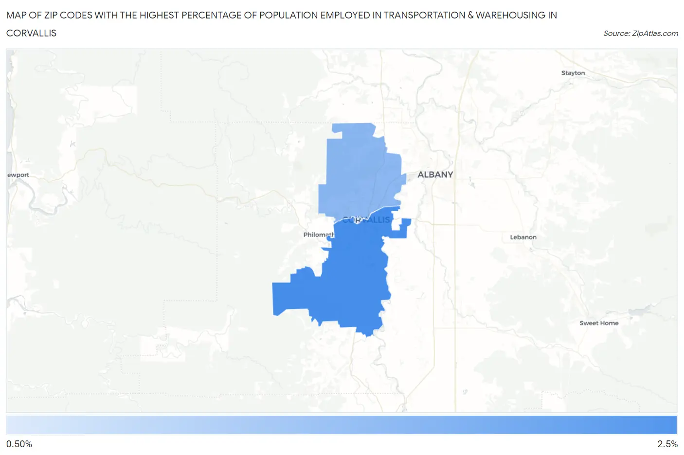 Zip Codes with the Highest Percentage of Population Employed in Transportation & Warehousing in Corvallis Map