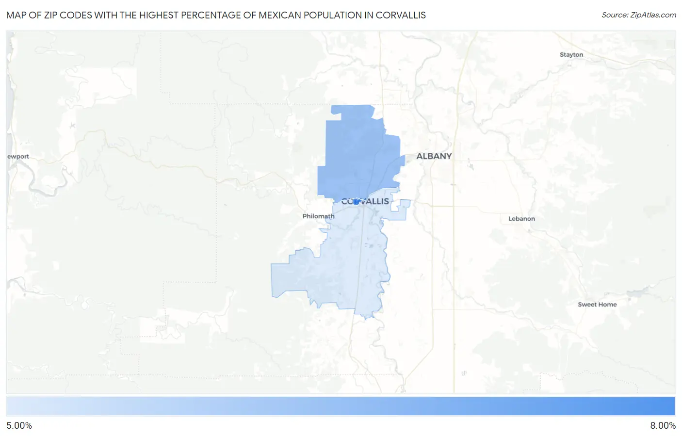 Zip Codes with the Highest Percentage of Mexican Population in Corvallis Map
