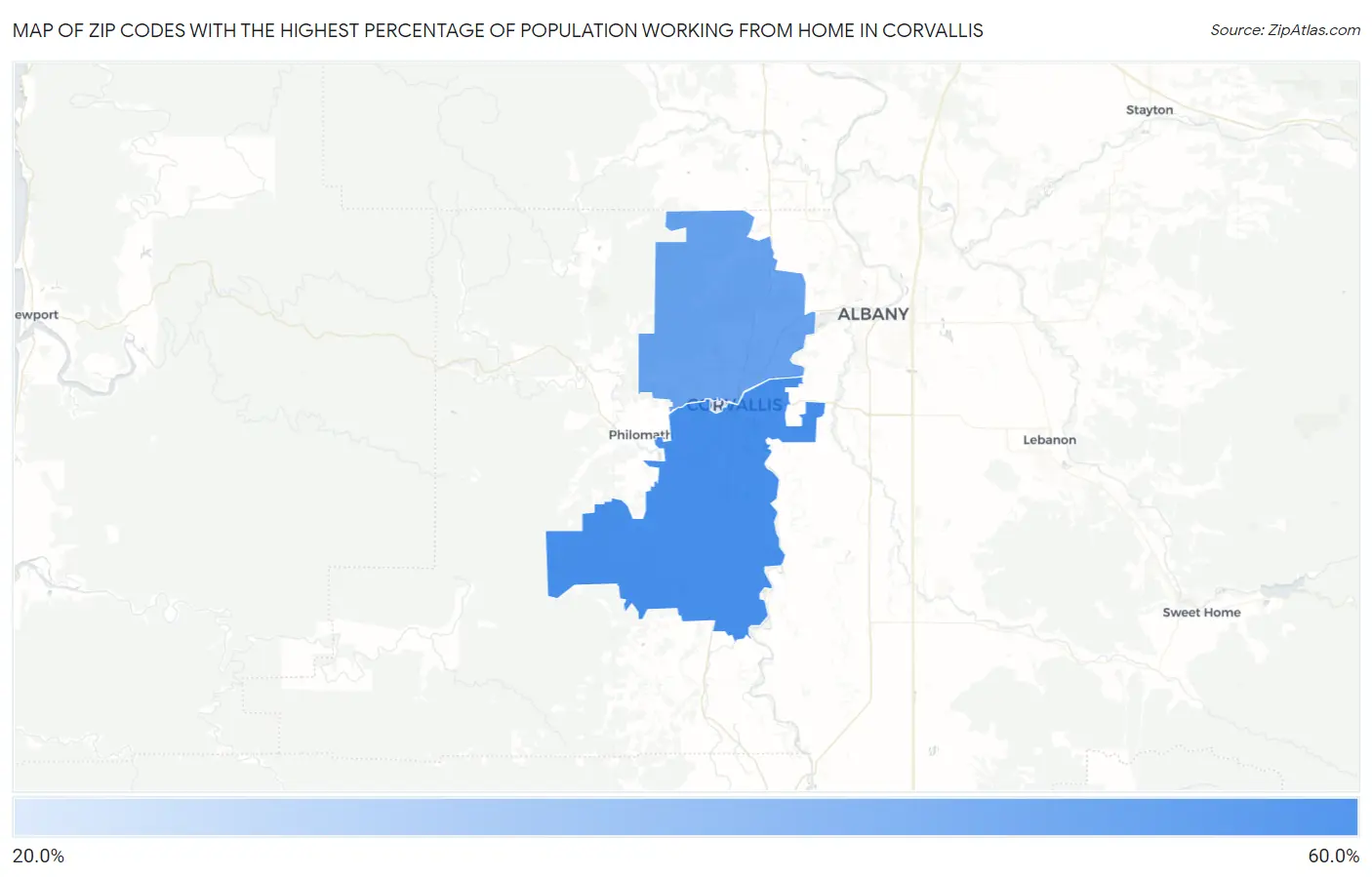 Zip Codes with the Highest Percentage of Population Working from Home in Corvallis Map