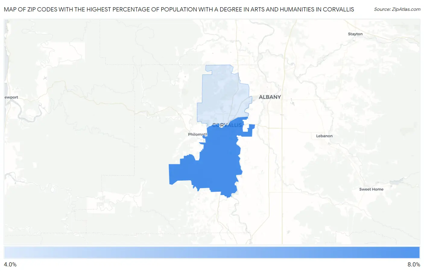 Zip Codes with the Highest Percentage of Population with a Degree in Arts and Humanities in Corvallis Map