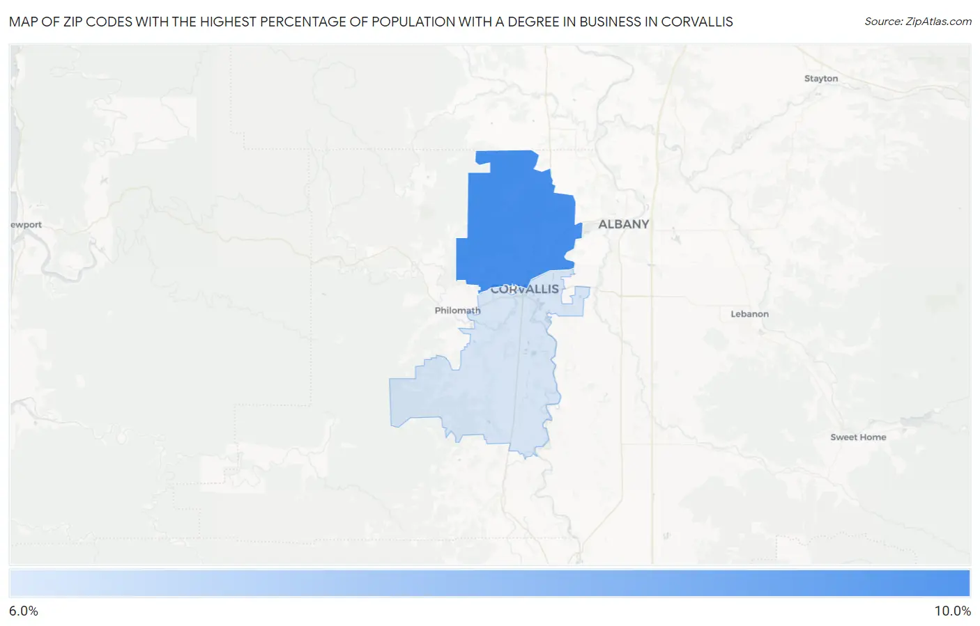 Zip Codes with the Highest Percentage of Population with a Degree in Business in Corvallis Map