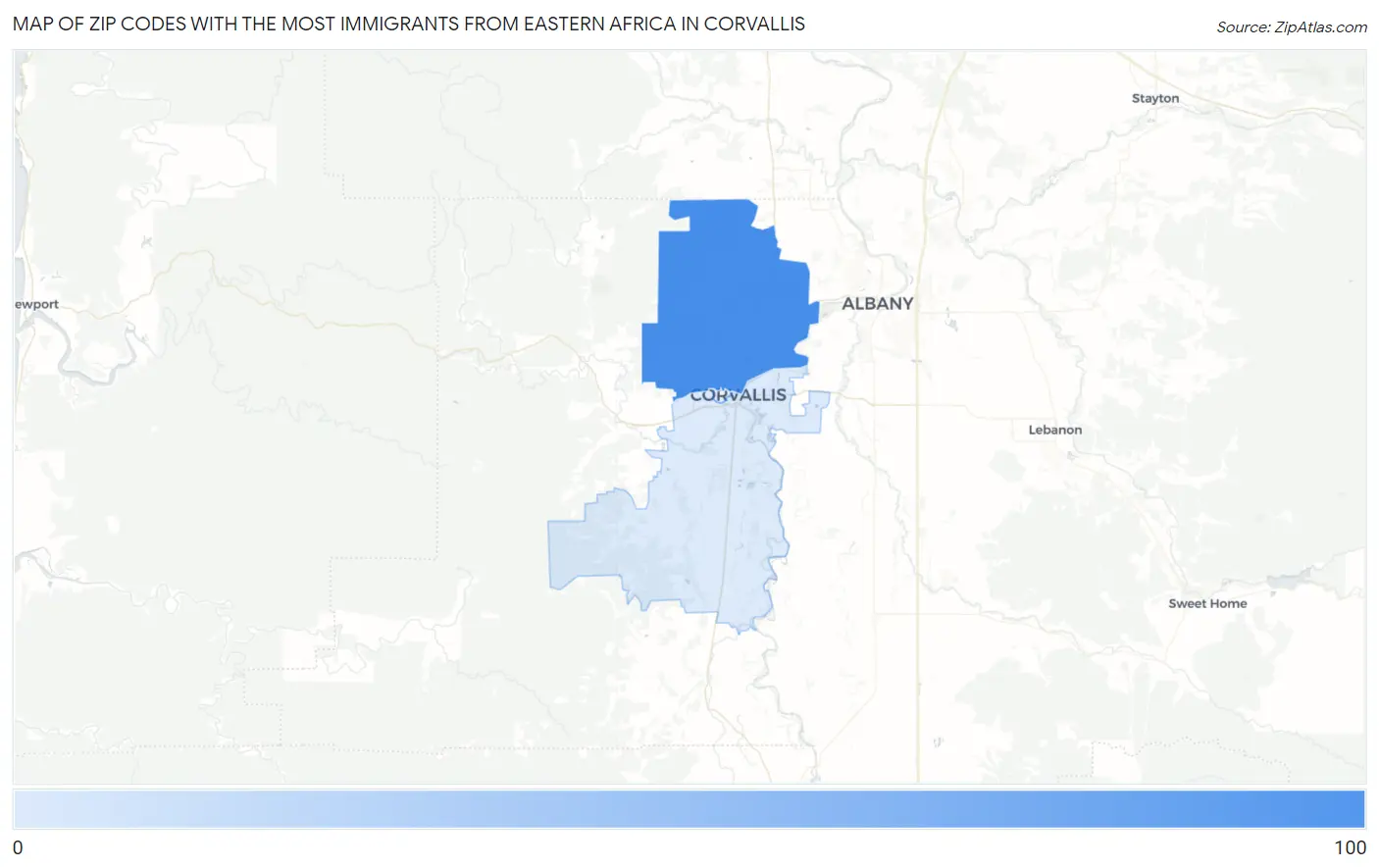 Zip Codes with the Most Immigrants from Eastern Africa in Corvallis Map
