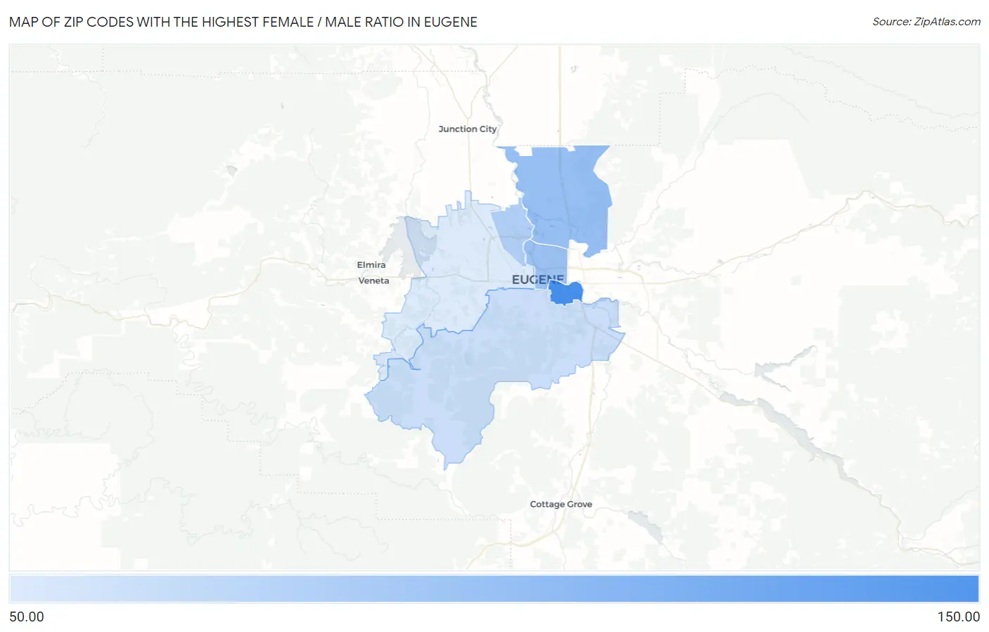 Zip Codes with the Highest Female / Male Ratio in Eugene Map