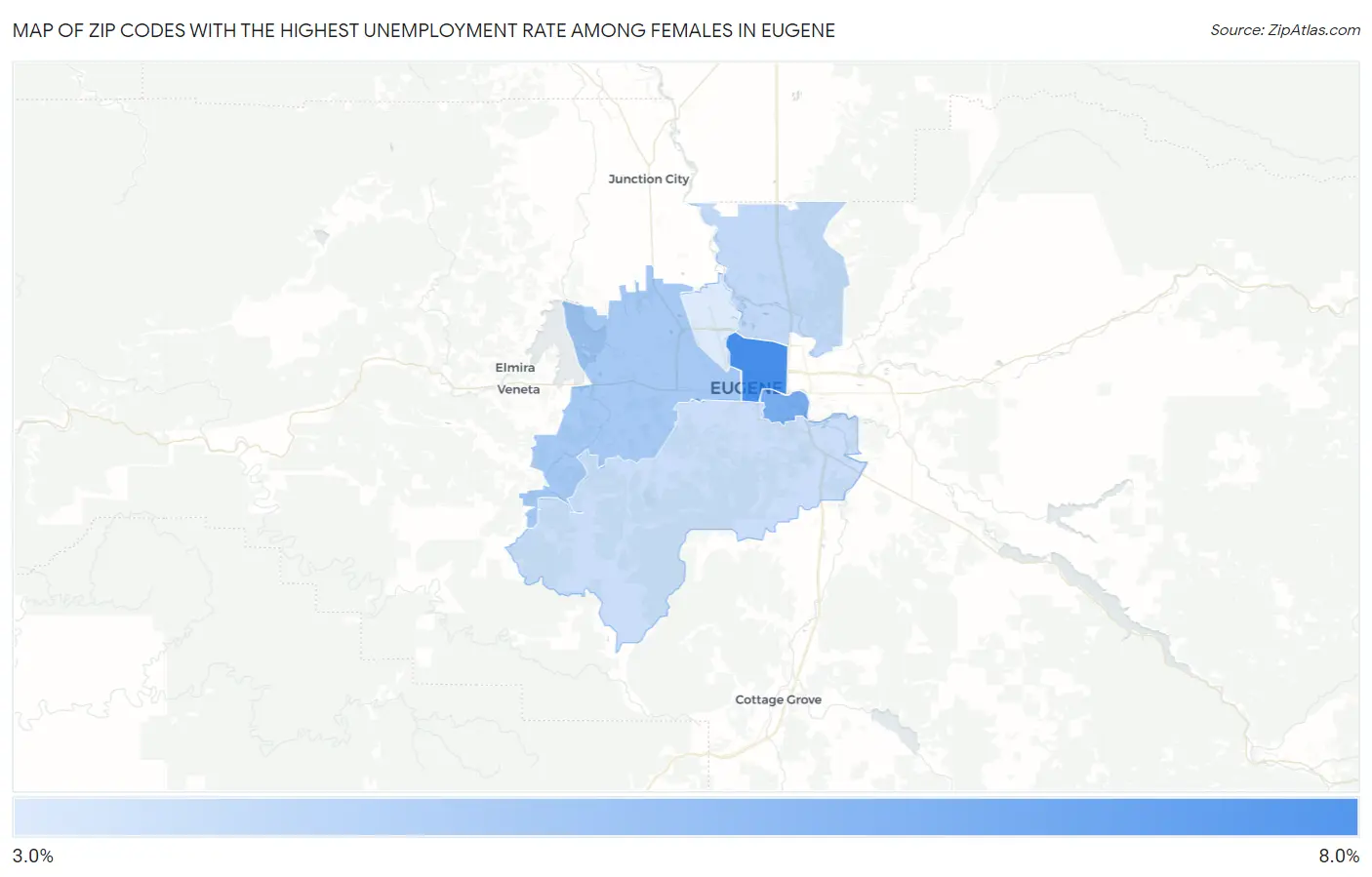 Zip Codes with the Highest Unemployment Rate Among Females in Eugene Map