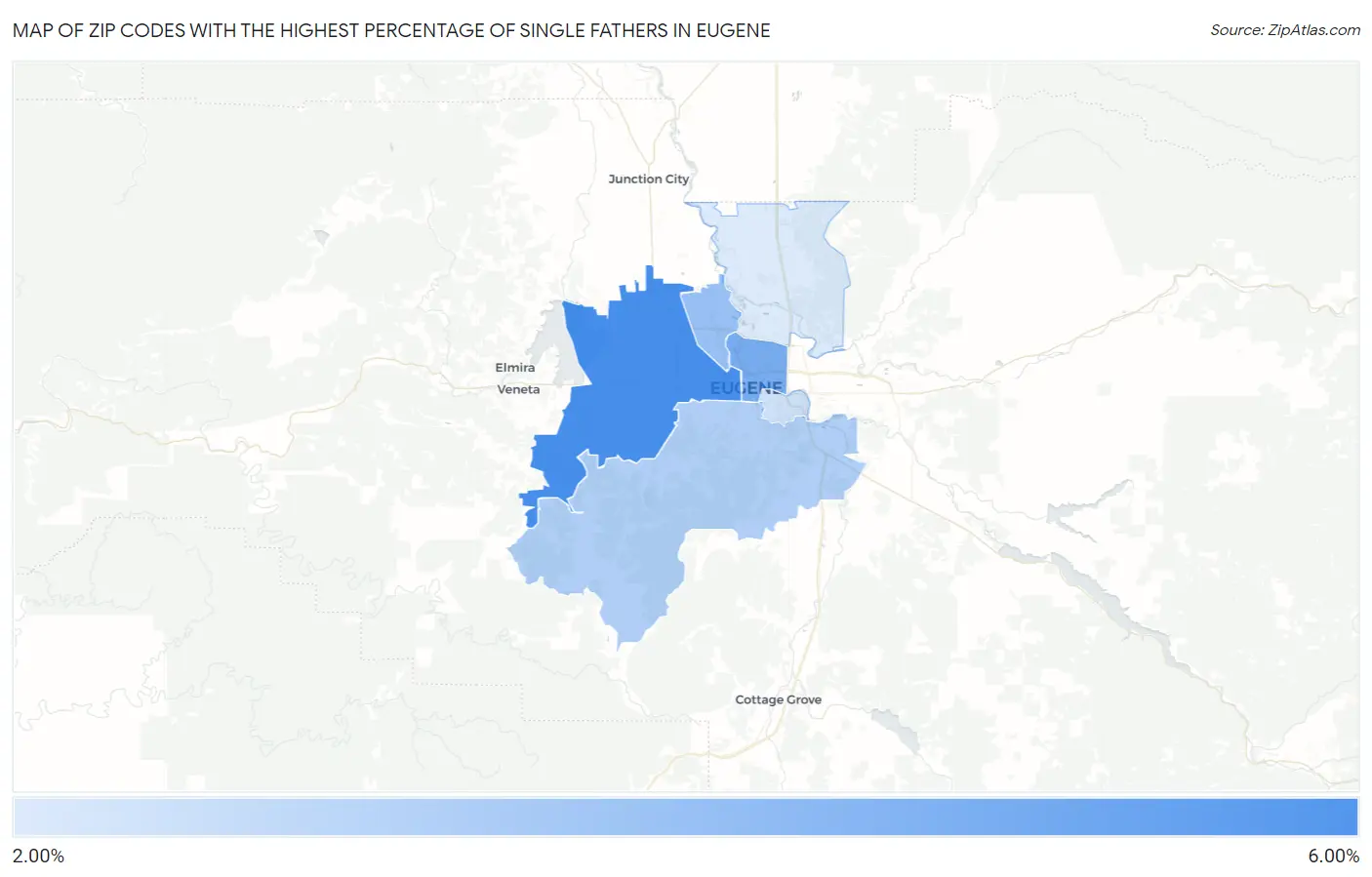 Zip Codes with the Highest Percentage of Single Fathers in Eugene Map
