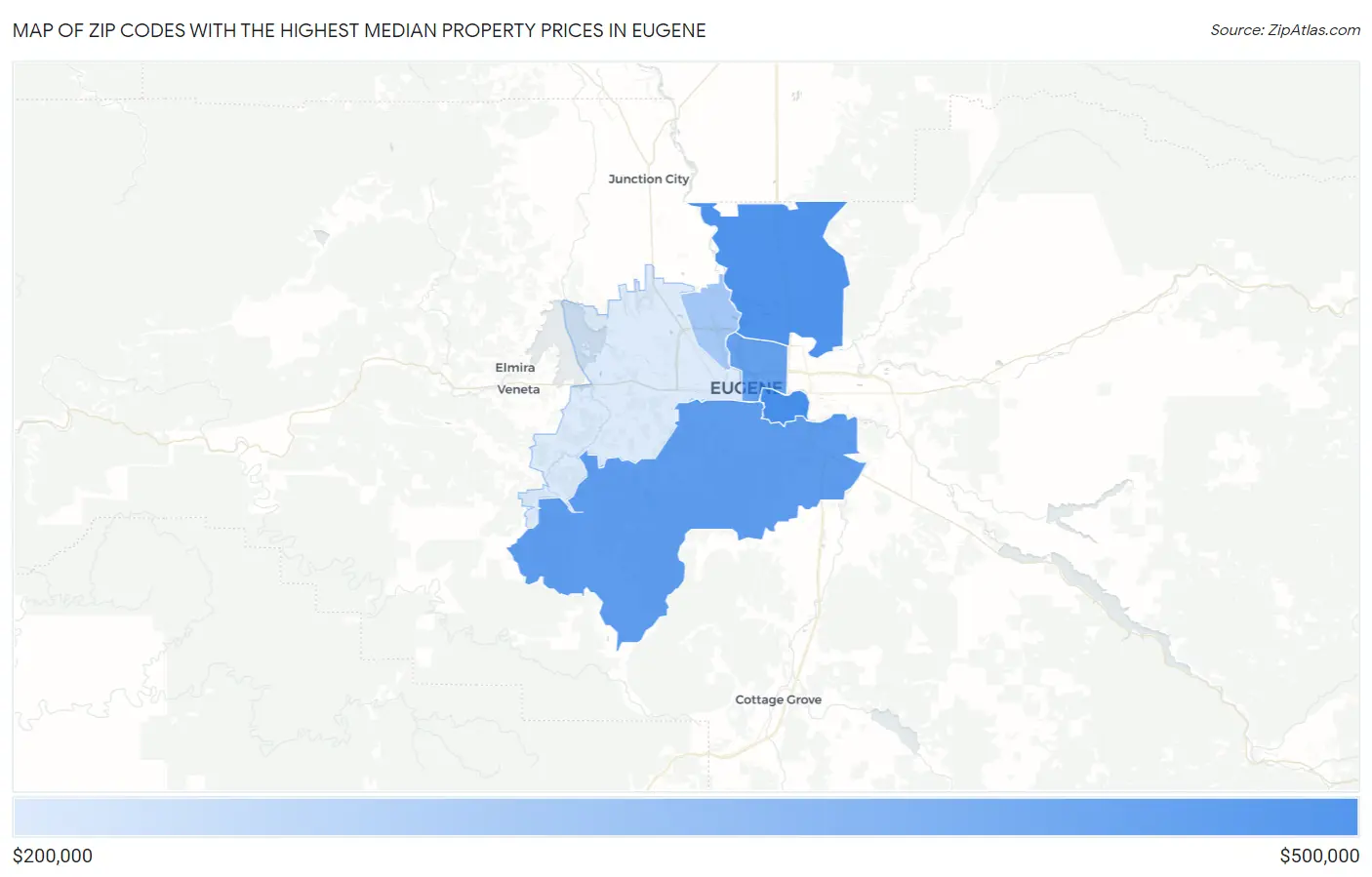 Zip Codes with the Highest Median Property Prices in Eugene Map