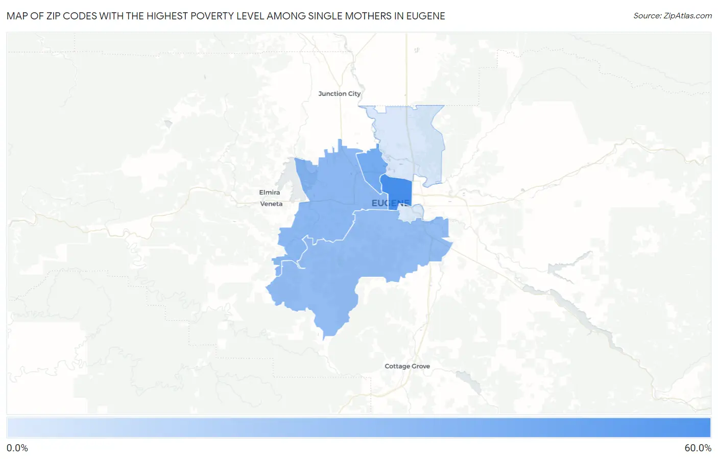 Zip Codes with the Highest Poverty Level Among Single Mothers in Eugene Map