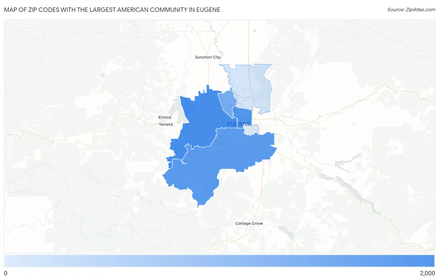 Zip Codes with the Largest American Community in Eugene Map