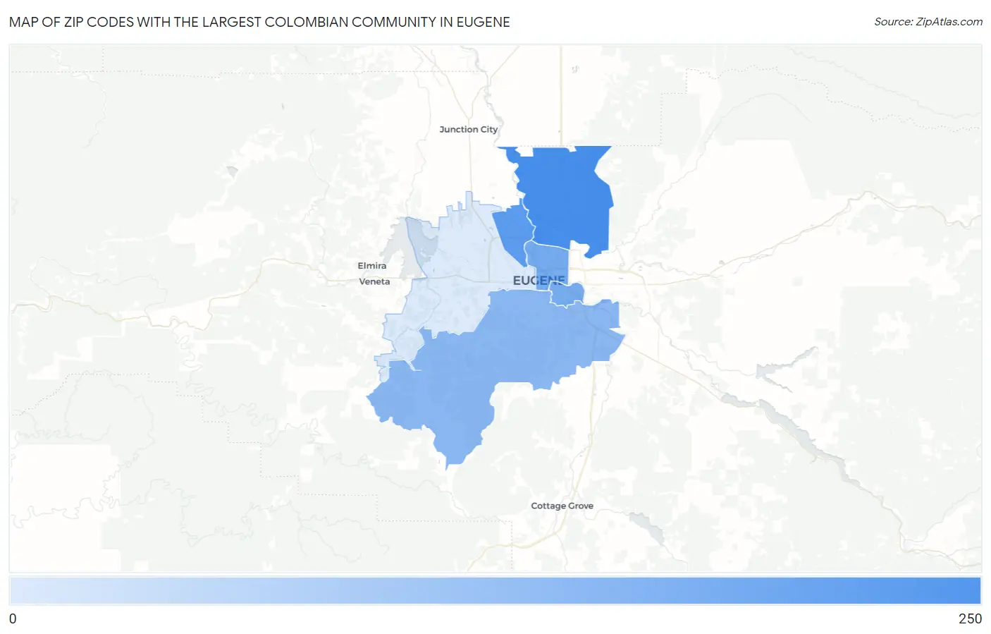 Zip Codes with the Largest Colombian Community in Eugene Map