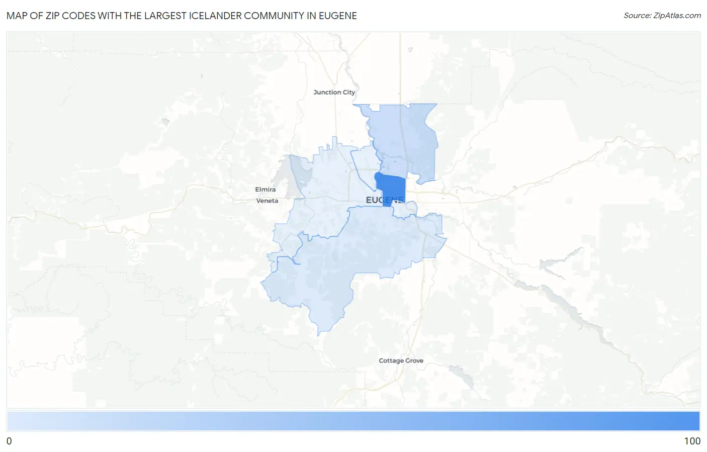 Zip Codes with the Largest Icelander Community in Eugene Map