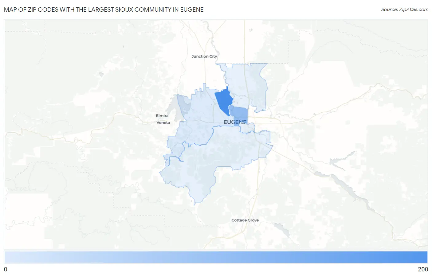 Zip Codes with the Largest Sioux Community in Eugene Map