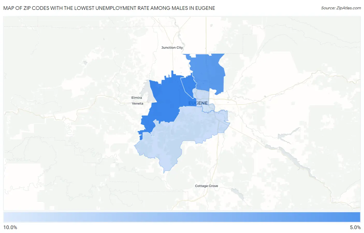 Zip Codes with the Lowest Unemployment Rate Among Males in Eugene Map