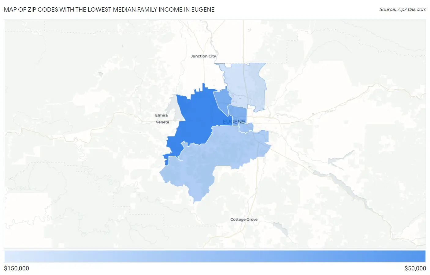 Zip Codes with the Lowest Median Family Income in Eugene Map