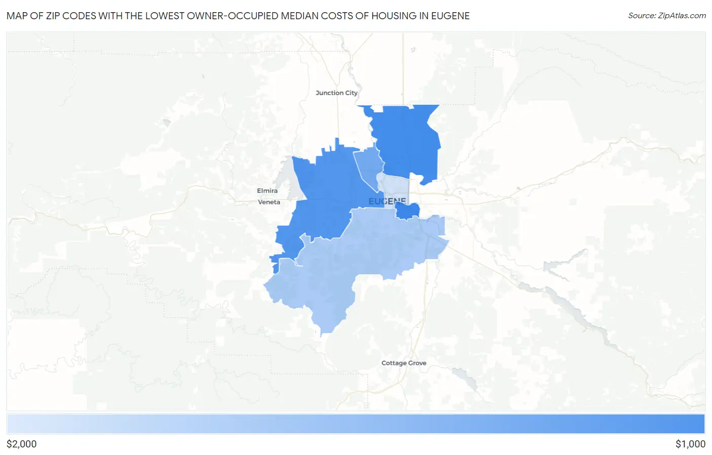 Zip Codes with the Lowest Owner-Occupied Median Costs of Housing in Eugene Map