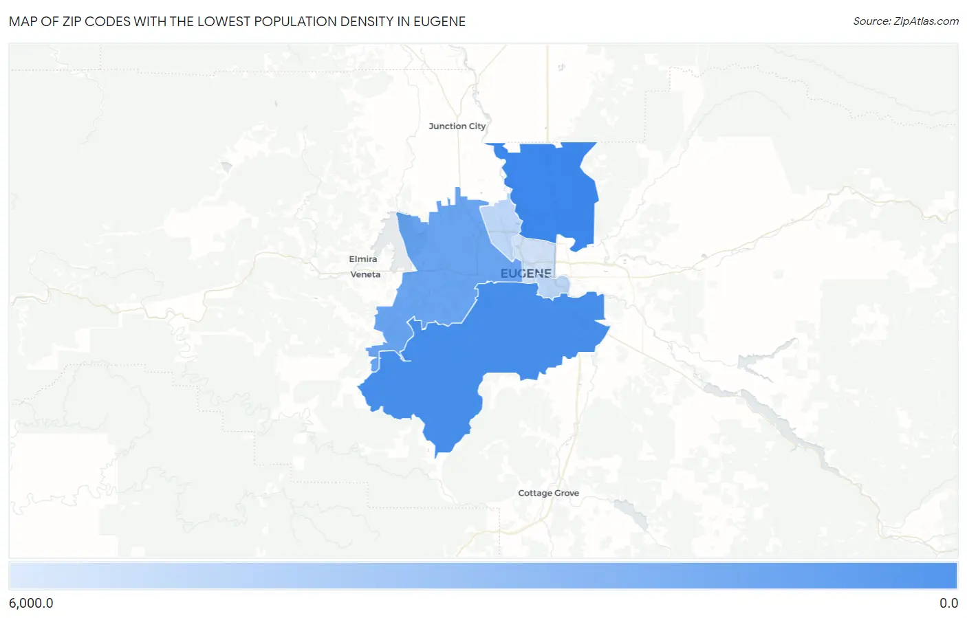 Zip Codes with the Lowest Population Density in Eugene Map