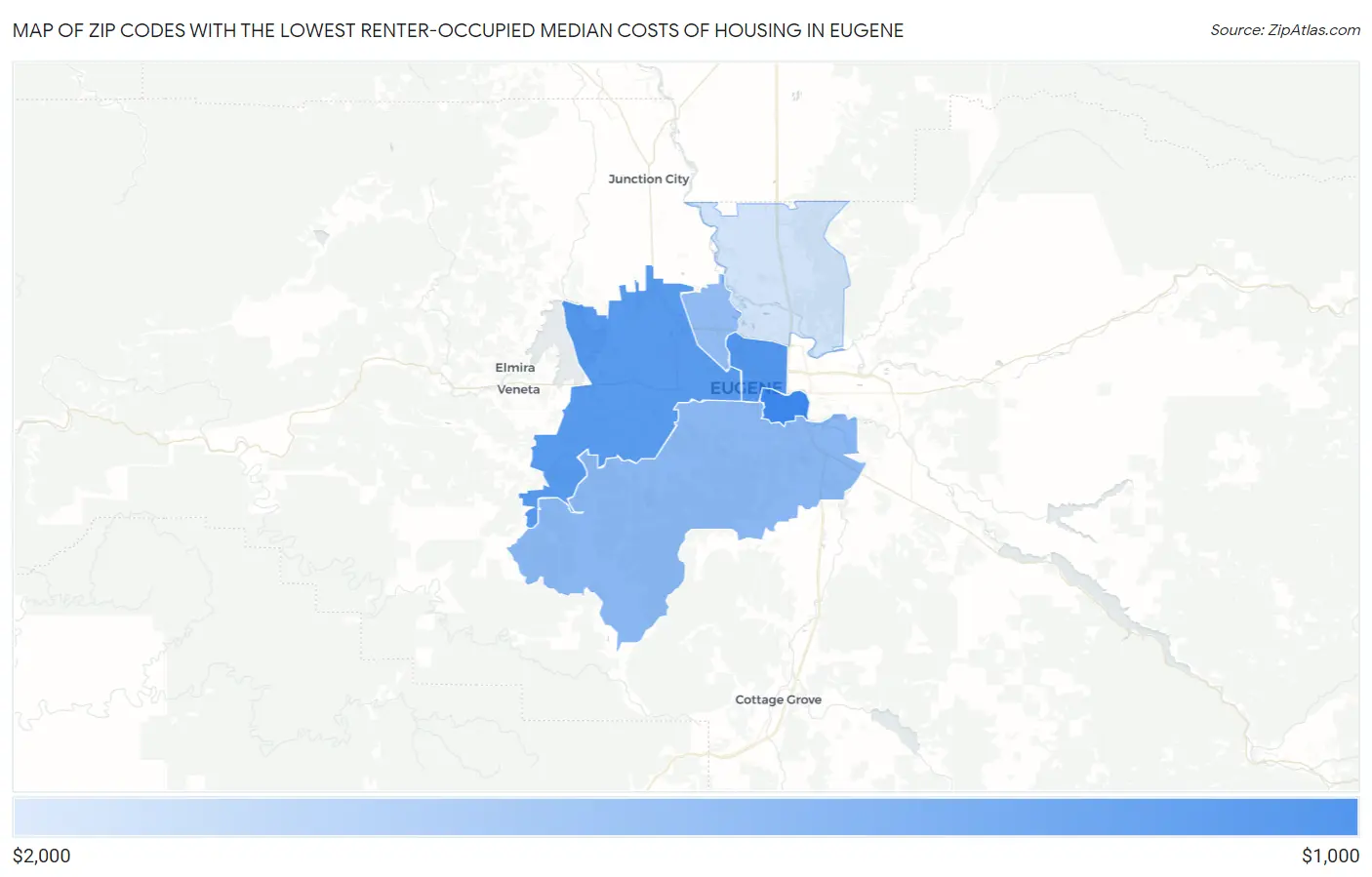 Zip Codes with the Lowest Renter-Occupied Median Costs of Housing in Eugene Map