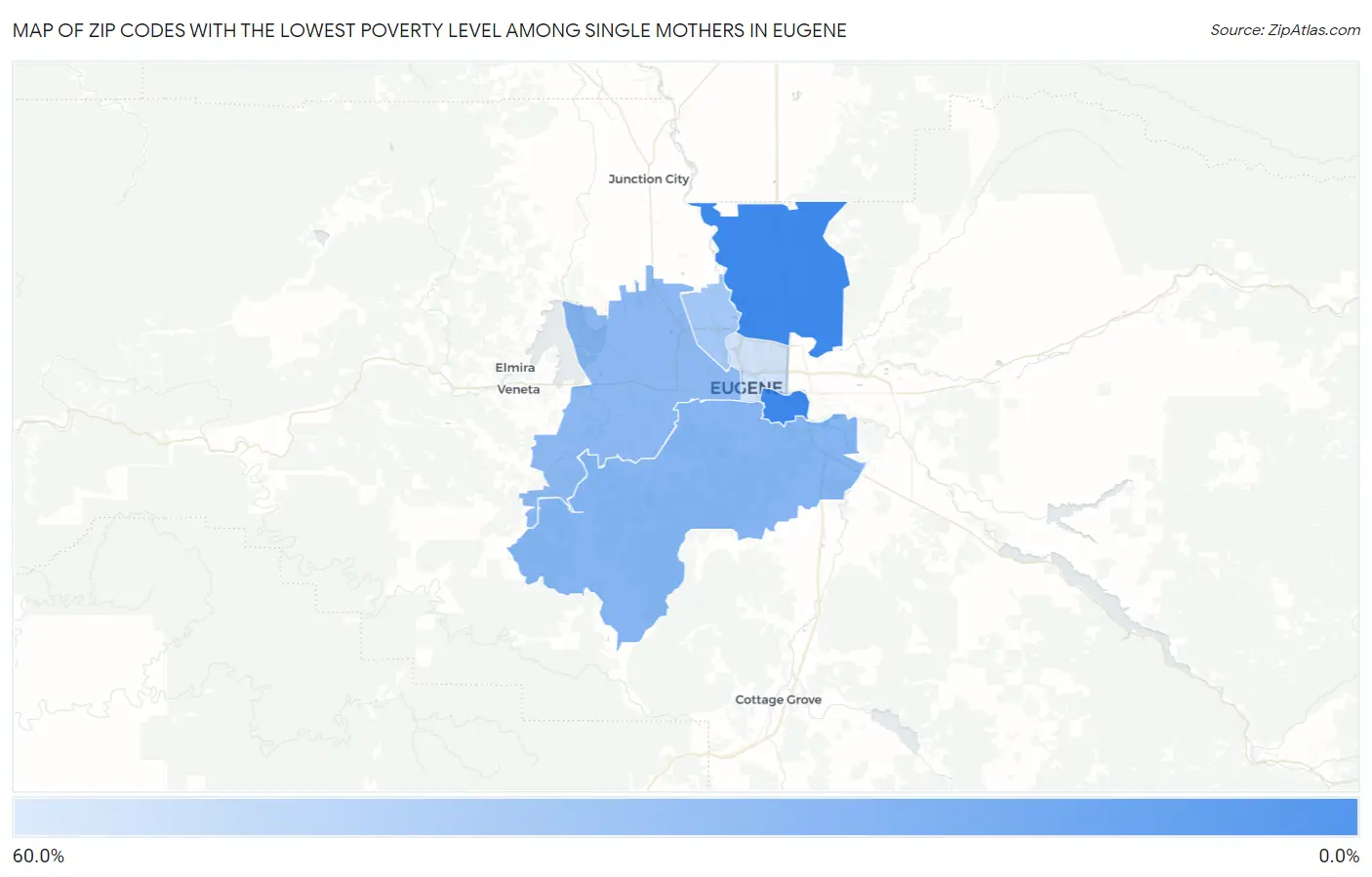 Zip Codes with the Lowest Poverty Level Among Single Mothers in Eugene Map