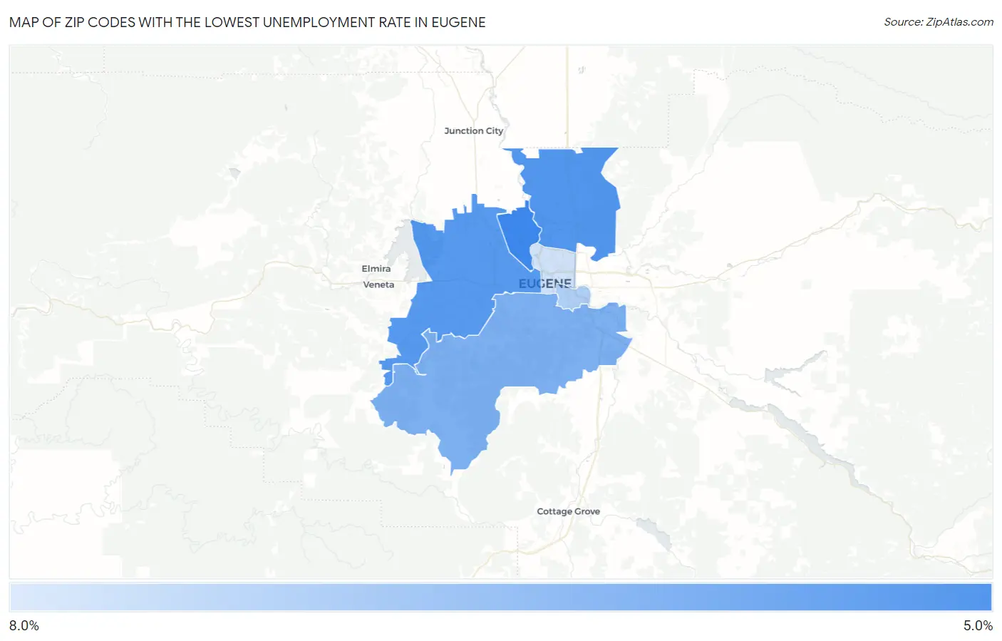 Zip Codes with the Lowest Unemployment Rate in Eugene Map